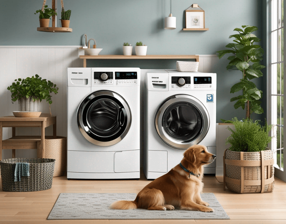 Relaxed Pet Dog Lounging in Front of Laundry Machines – Premier Washer Dryer Repair in Cedar Park, TX