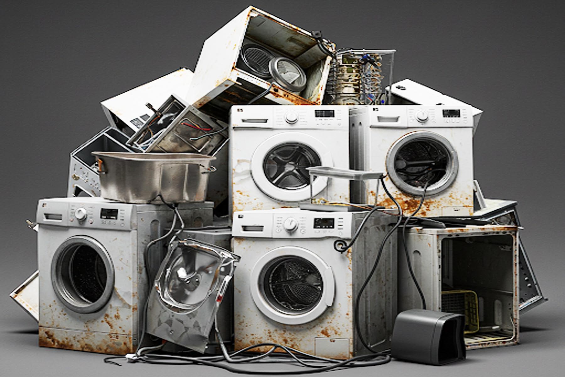 A 3D illustration of a pile of discarded washing machines, representing the environmental impact of appliance e-waste in Round Rock