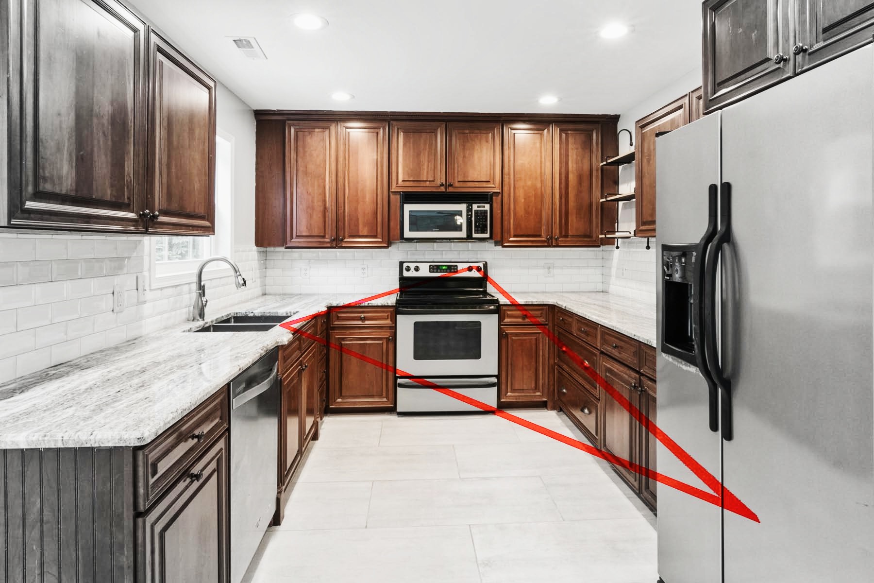 Optimal arrangement of kitchen appliances alongside appliance repair services in Georgetown.