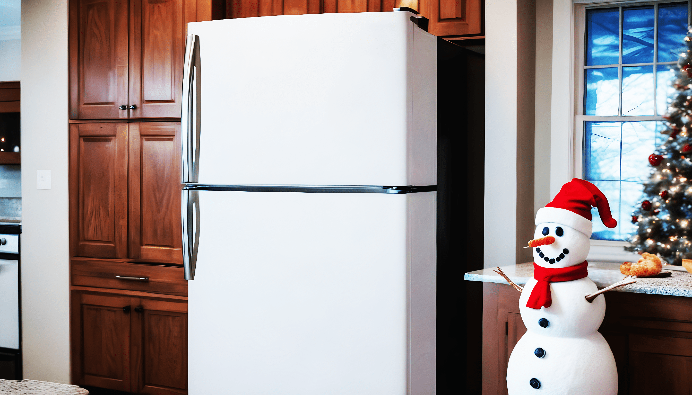 LG refrigerator with snowman decor in a stylish Lago Vista kitchen – expert LG appliance repair