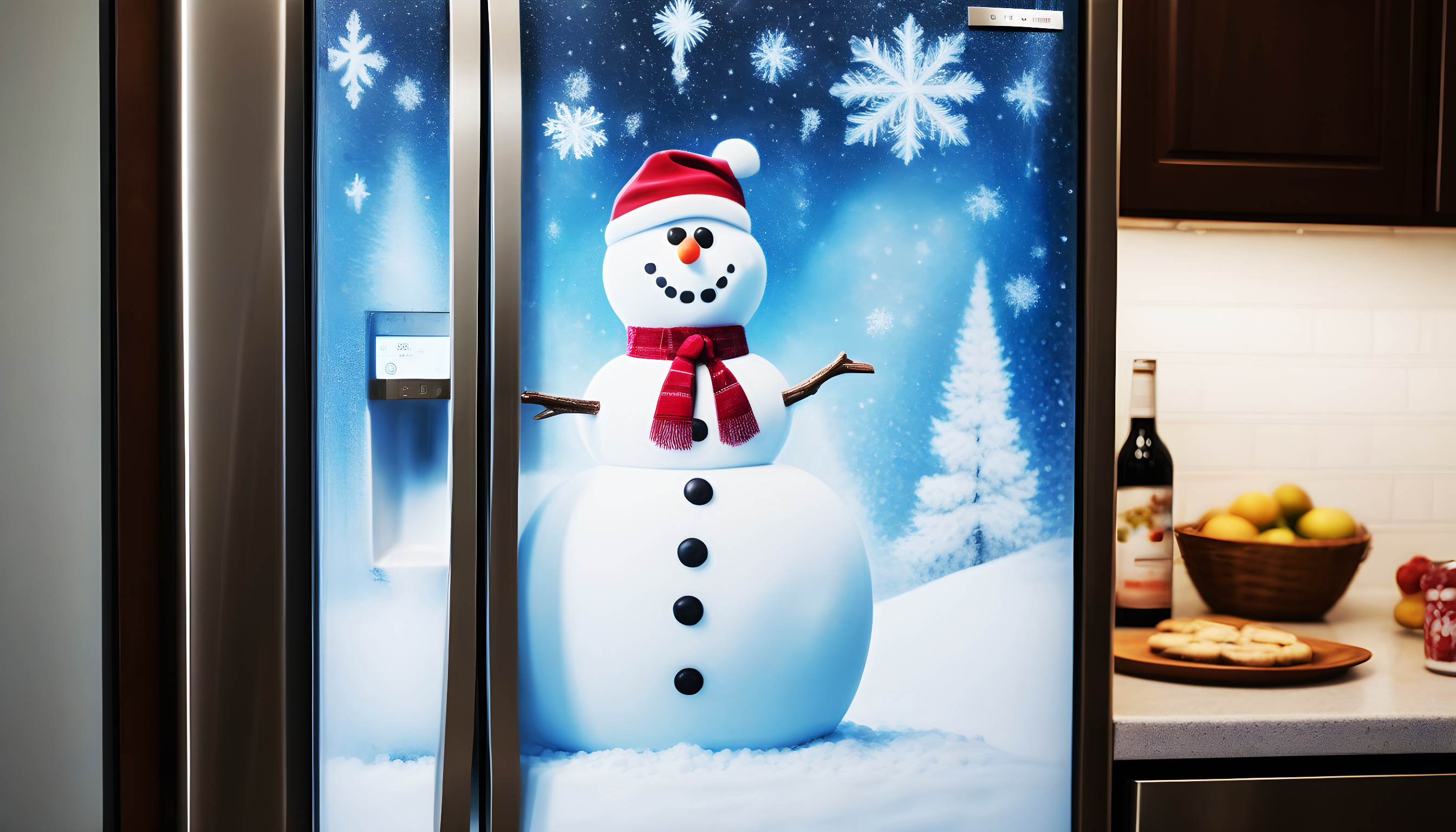 LG refrigerator repair with Frosty the Snowman decor in Lago Vista, TX