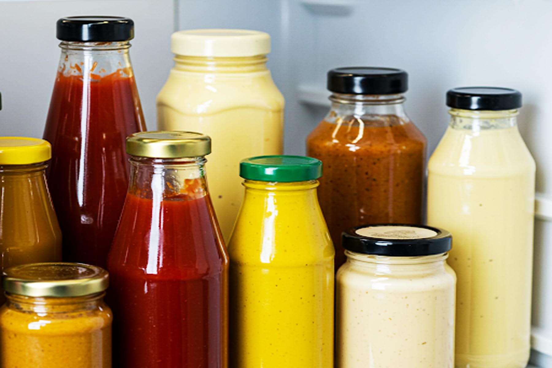 Assortment of condiment bottles and jars on a refrigerator shelf, including ketchup, mustard, mayonnaise, and various salad dressings in Pflugerville TX