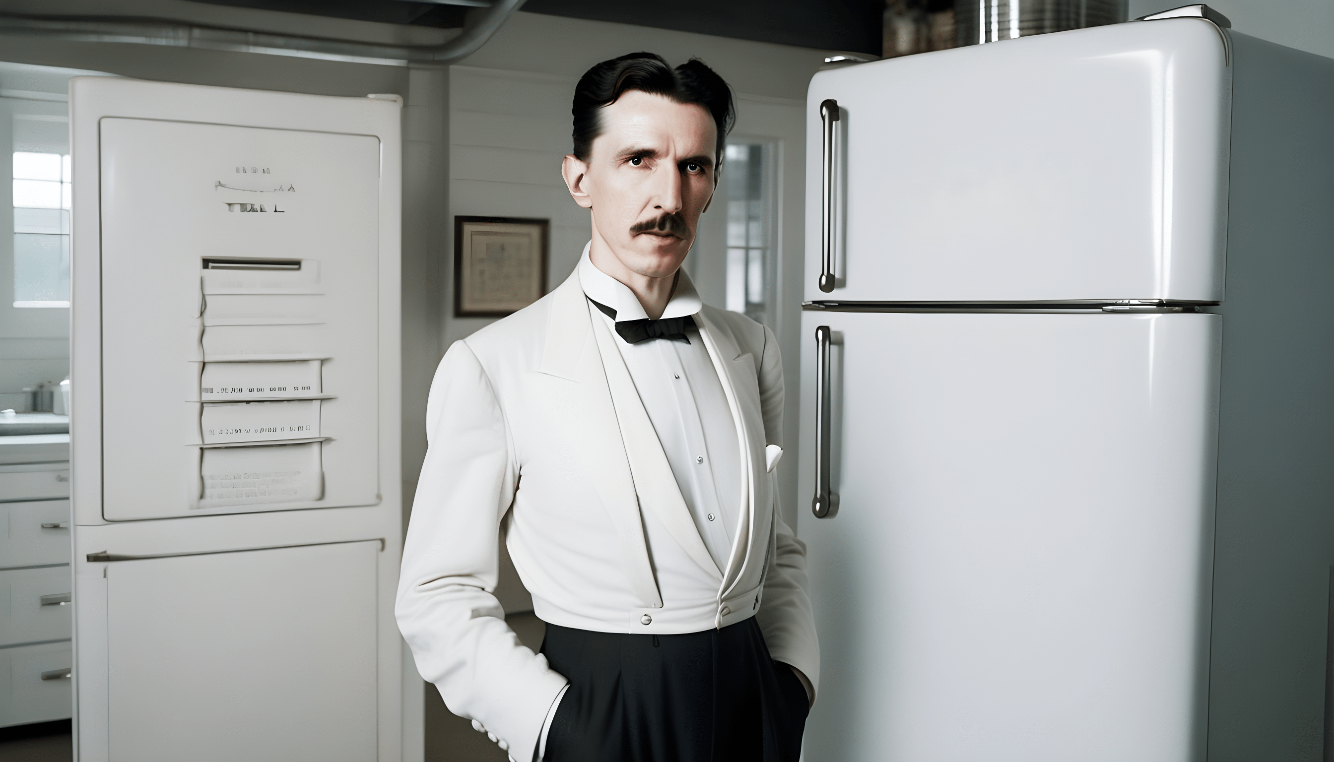 Iconic Image: Nikola Tesla in Front of Refrigerator – Premier Refrigerator Repair in Georgetown