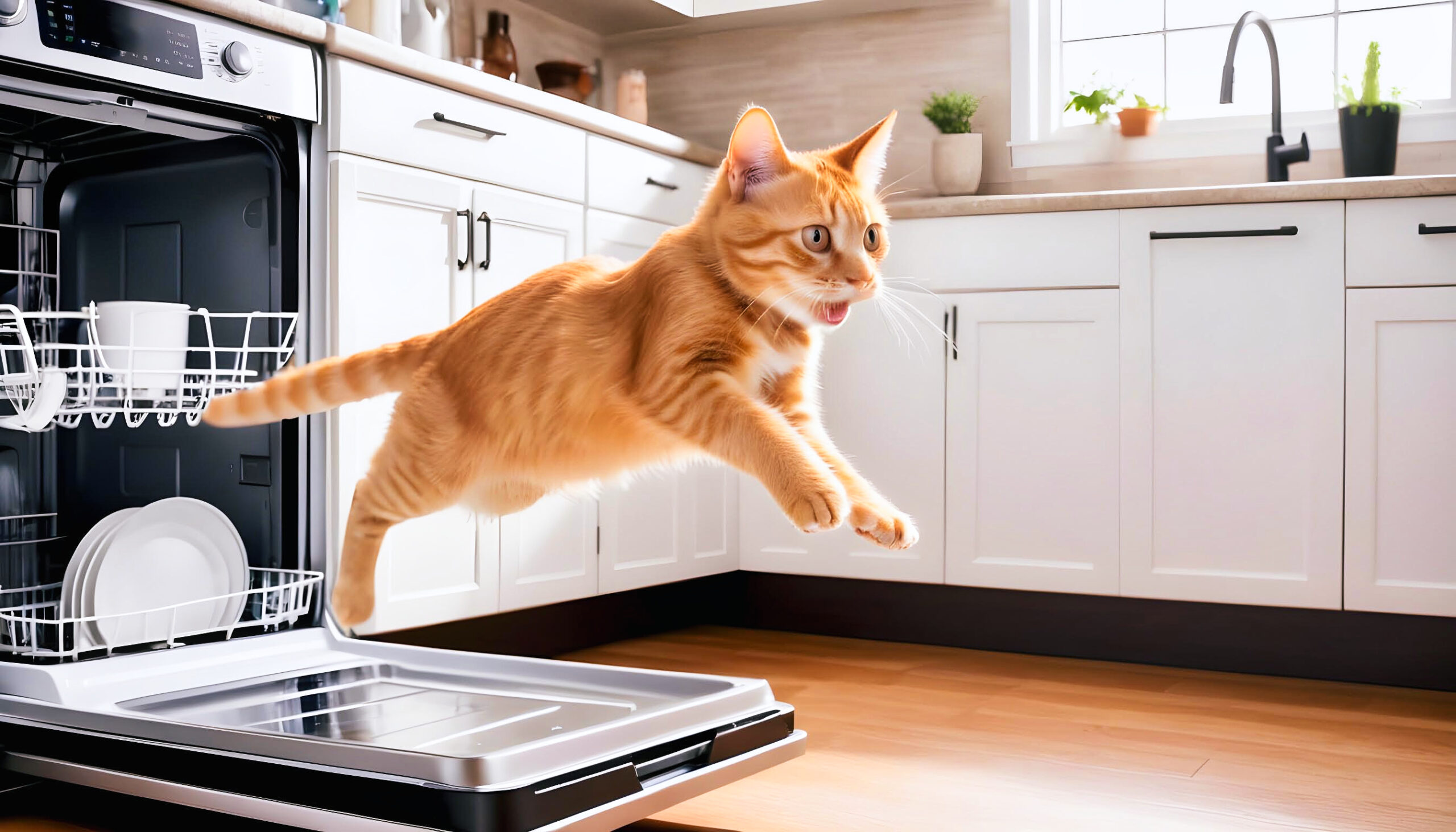 Orange tabby cat exploring an open dishwasher - AA Appliance Repair, Georgetown TX