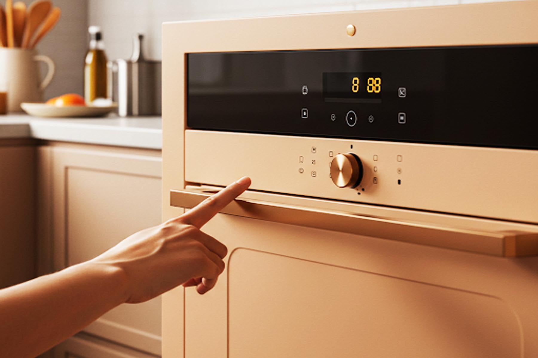 Modern light brownish orange oven with digital display and door, suitable for home baking in Kyle TX