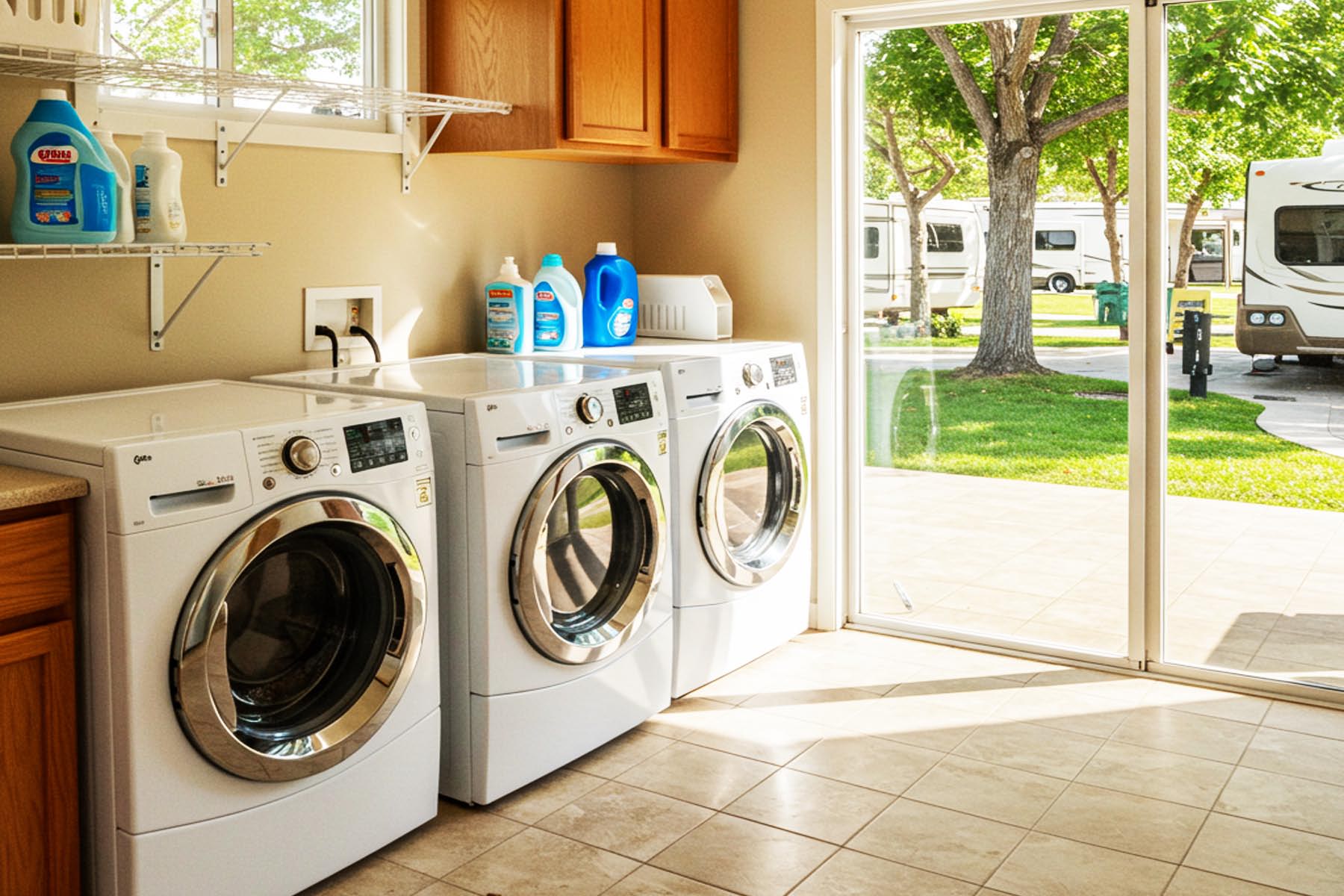 A well-maintained laundry room in an RV park, featuring rows of modern washing machines and dryers in Jonestown TX