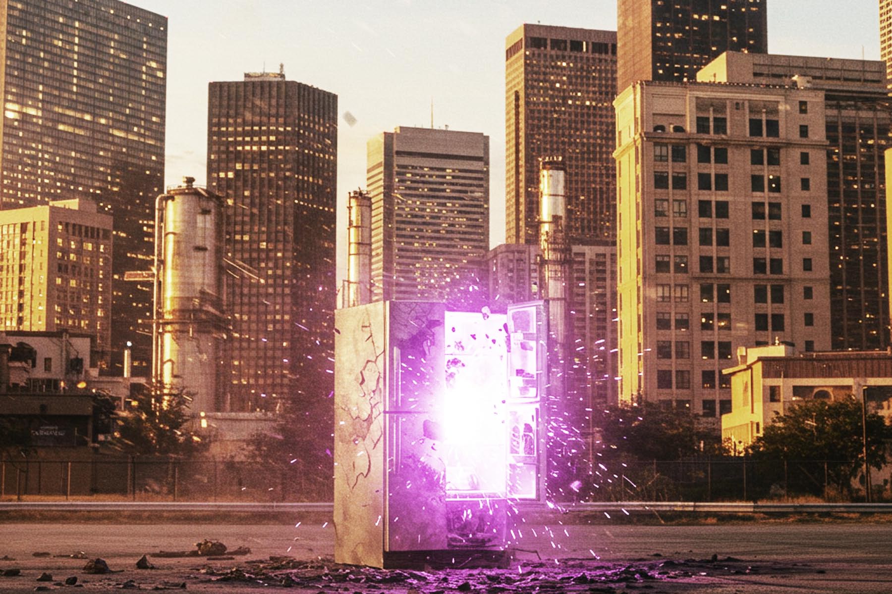 Digital art showing a futuristic cityscape resembling Georgetown, Texas, with malfunctioning household appliances such as a sparking refrigerator