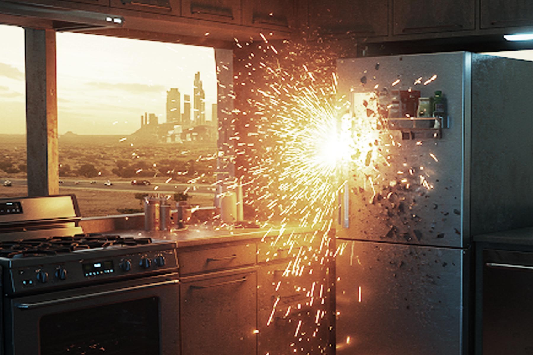 Image depicting a sci-fi scenario of failing kitchen appliances like refrigerators and ovens, set against a futuristic Georgetown, Texas