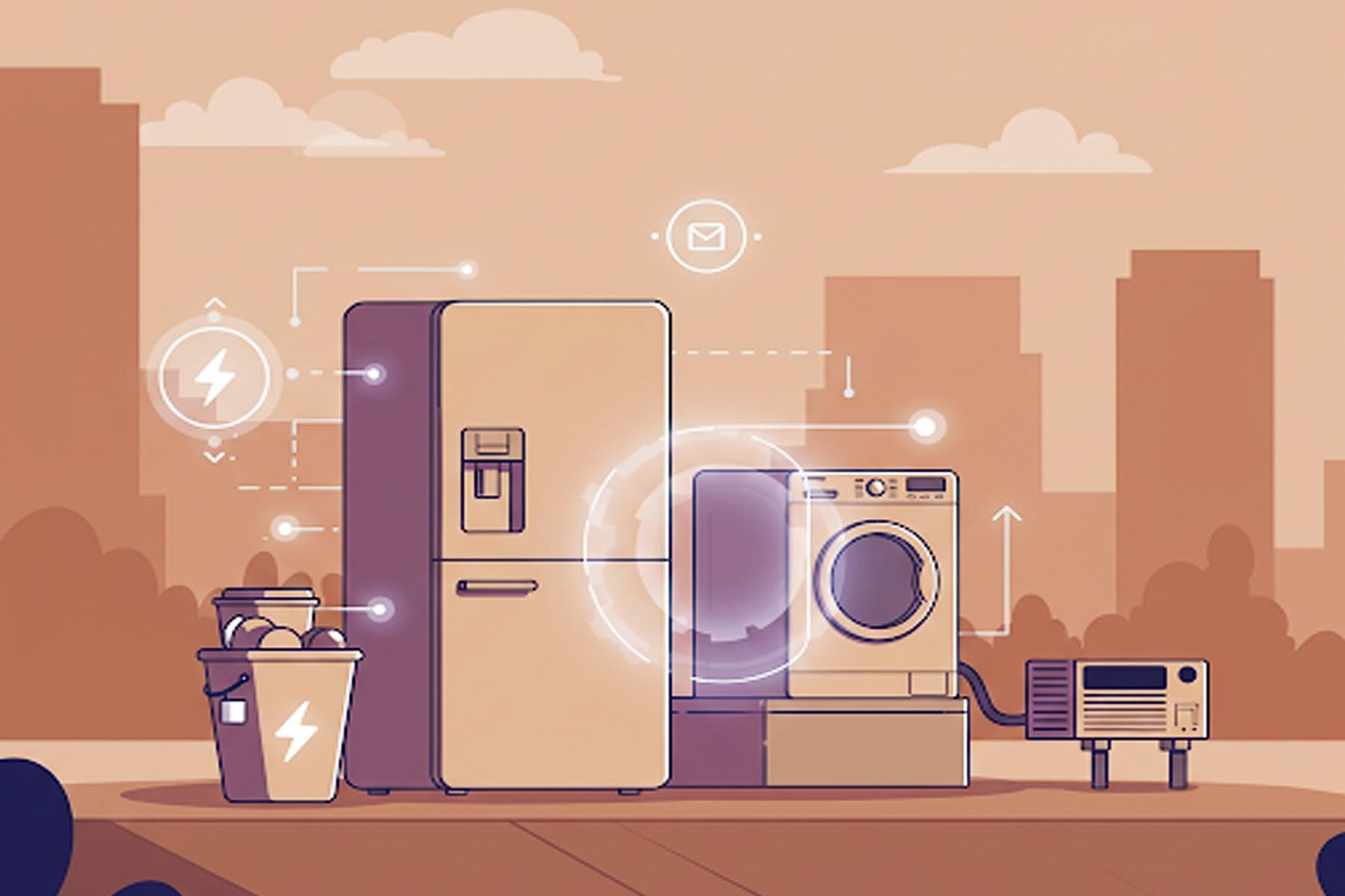 Animated illustration of futuristic home technology, with light brown and purple-blue hues, symbolizing advanced appliance repair in North Austin.