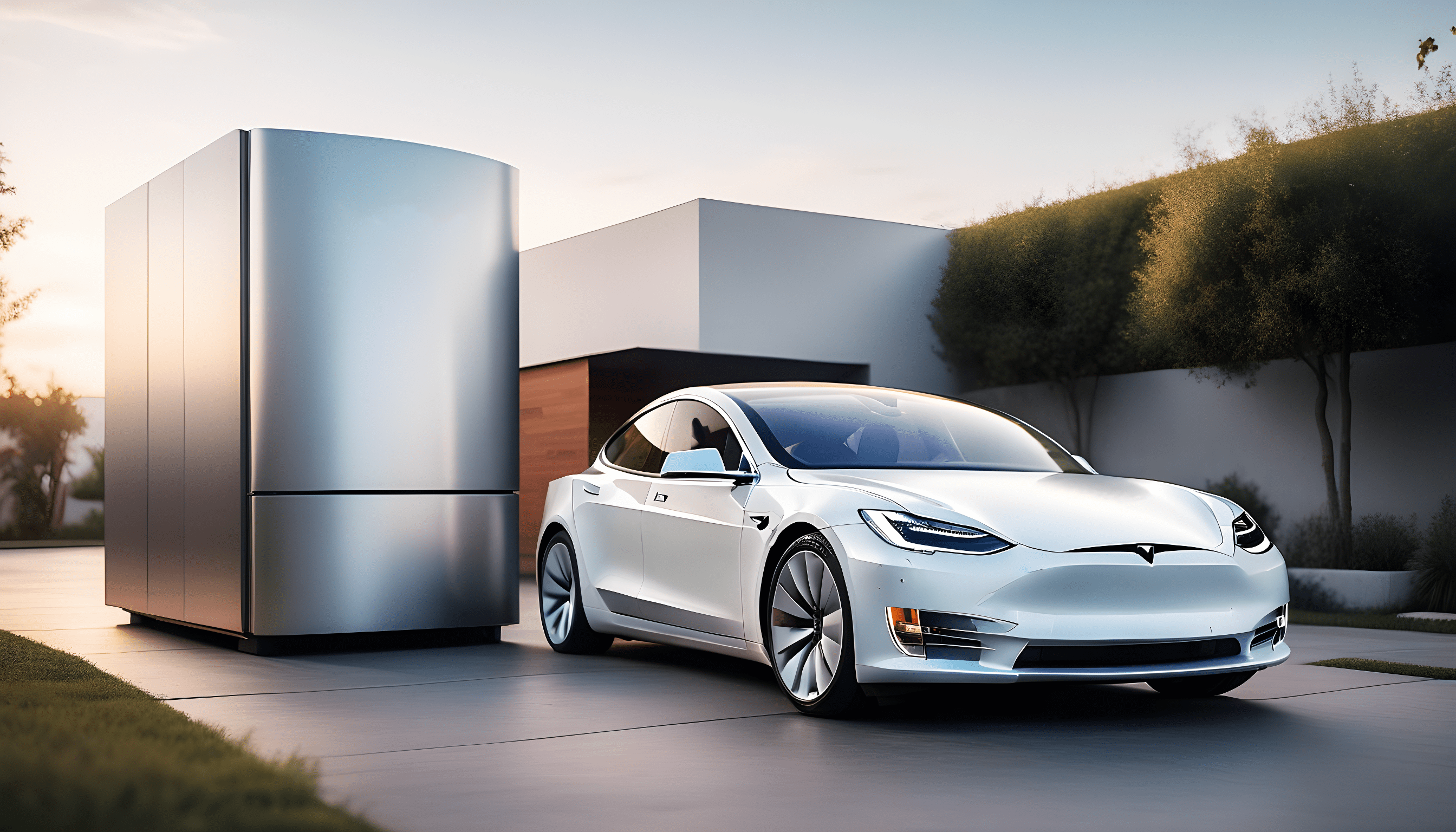 Tesla Electric Vehicle with Refrigerator in Background – Same Day Appliance Repair in Round Rock